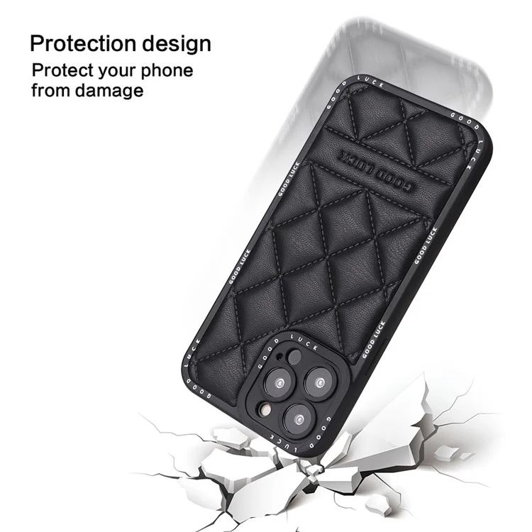 For iPhone 15 Pro Funda con textura de rejilla rómbica de cuero sintético recubierto de PC + TPU - Negro