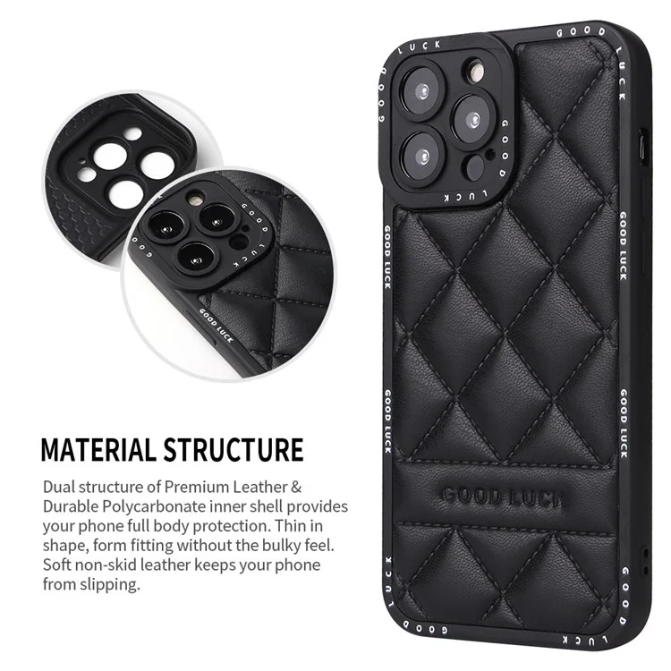 For iPhone 15 Pro Funda con textura de rejilla rómbica de cuero sintético recubierto de PC + TPU - Negro