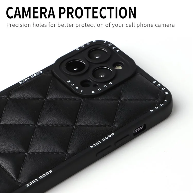 For iPhone 15 Pro Funda con textura de rejilla rómbica de cuero sintético recubierto de PC + TPU - Negro