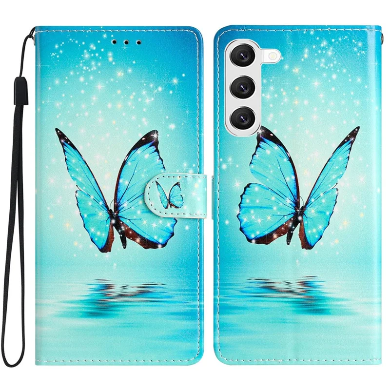 For Samsung Galaxy S24 Case Mønstertrykt PU-læder stående telefonbeskyttelsesdæksel - Blå sommerfugl