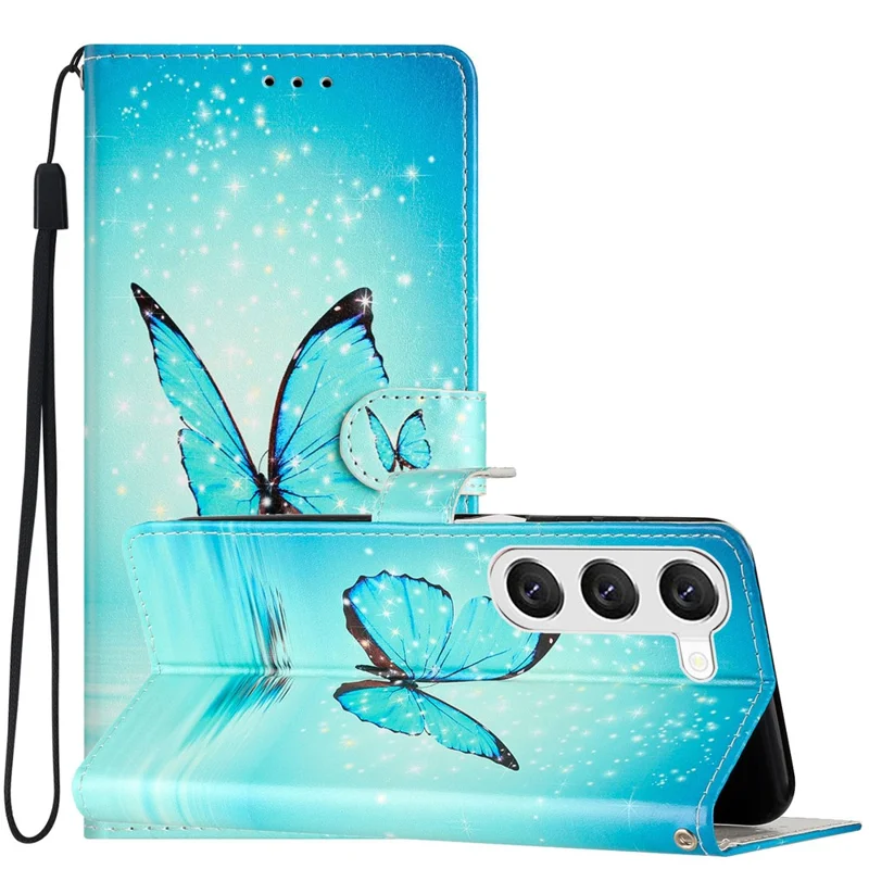 For Samsung Galaxy S24 Case Mønstertrykt PU-læder stående telefonbeskyttelsesdæksel - Blå sommerfugl