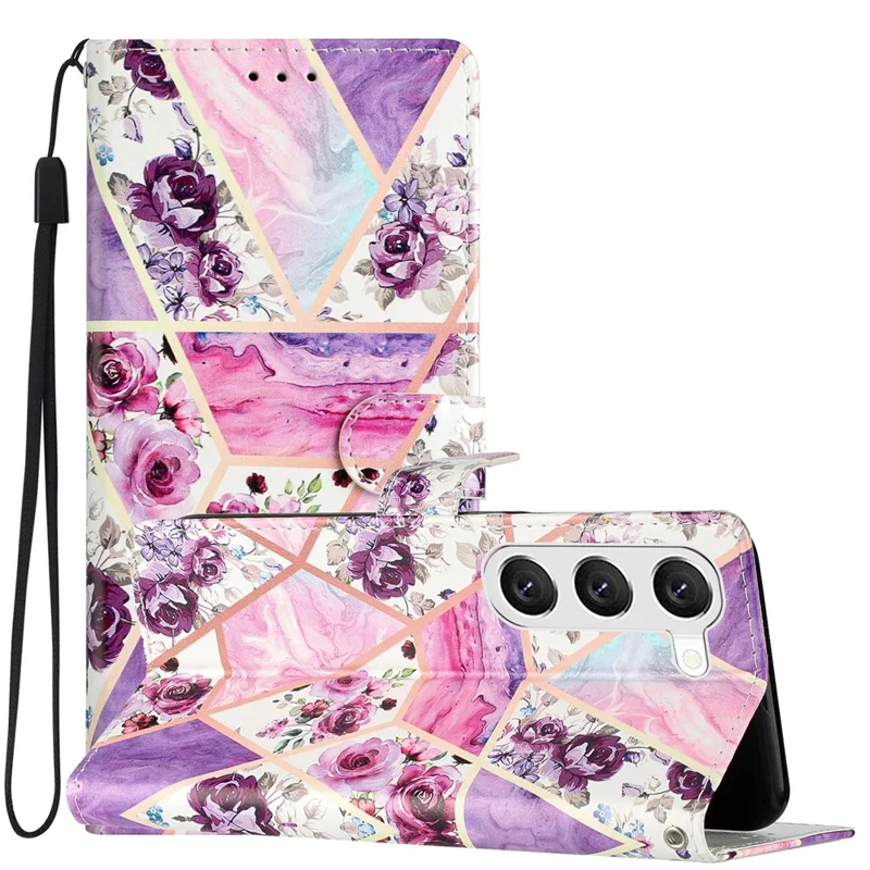 For Samsung Galaxy S24 Case Pattern Printing PU Leather Stand Phone Cover - Purple Flowers
