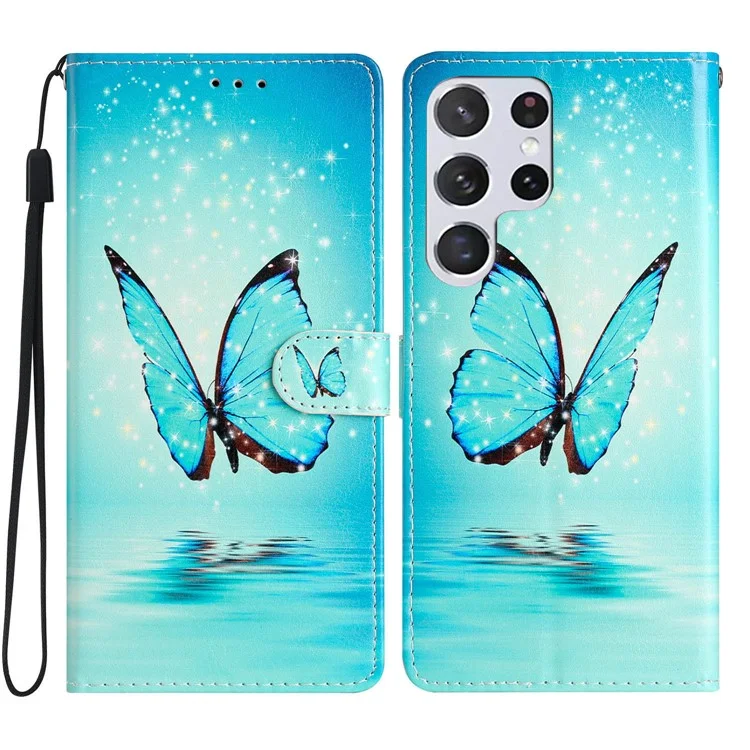 For Samsung Galaxy S24 Ultra Case PU Leather Flip Pattern Printing Phone Cover - Blue Butterfly