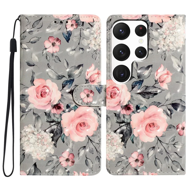 For Samsung Galaxy S24 Ultra Case PU Leather Wallet 3D Pattern Phone Cover - Flowers