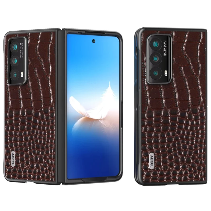 ABEEL For Honor Magic Vs2 5G Case Genuine Cow Leather Crocodile Texture Phone Cover - Coffee