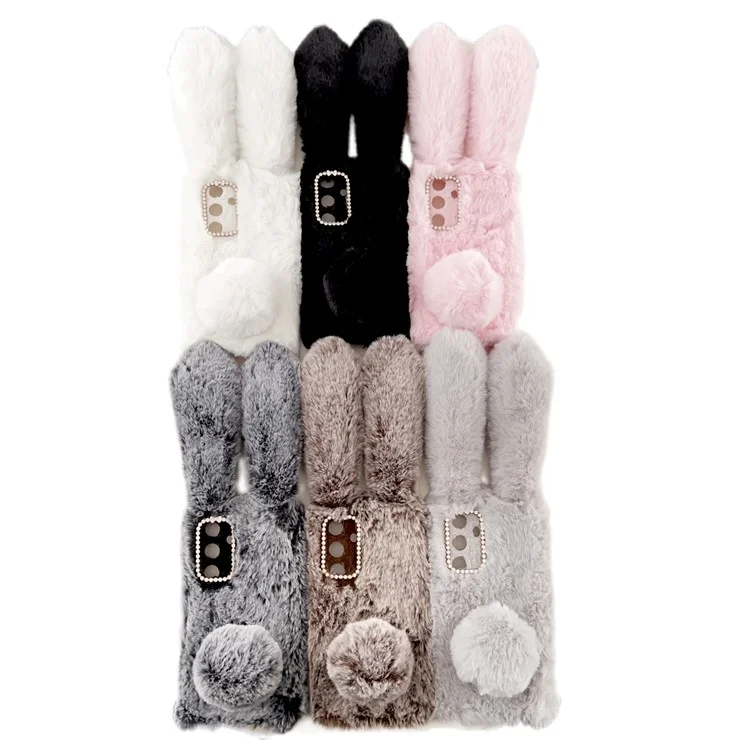 Для чехла Samsung Galaxy S24 3D Bunny Ears Soft Furry Hairball Fuzzy Phone Cover - Черный
