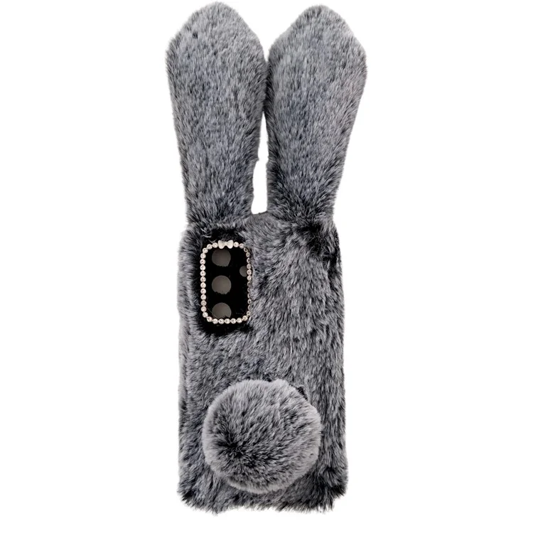 For Samsung Galaxy S24 Case 3D Bunny Ears Soft Furry Hairball Fuzzy Phone Cover - Dark Grey