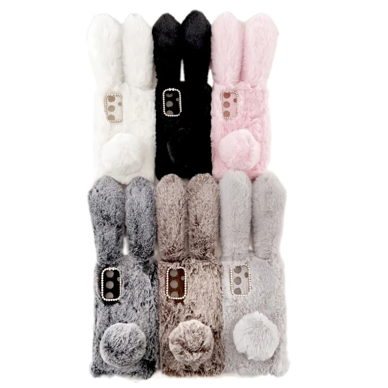 For Samsung Galaxy S24 Case 3D Bunny Ears Soft Furry Hairball Fuzzy Phone Cover - White