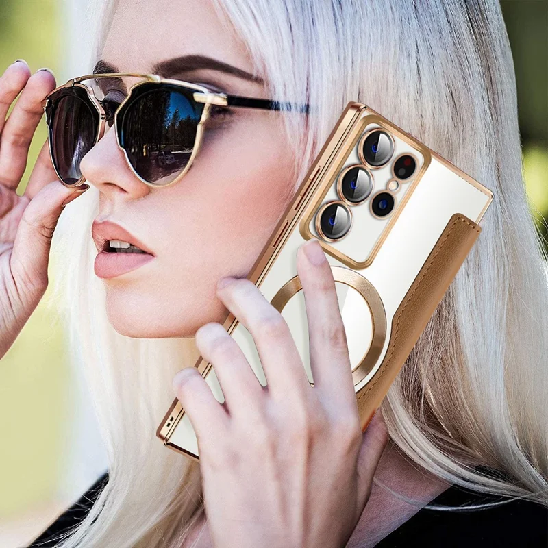 Til Samsung Galaxy S22 Ultra 5G Etui med Kortlommer, Kompatibel med MagSafe - Brun