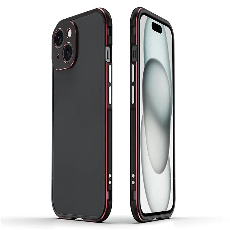 For iPhone 15 Case Metal Frame Bumper Phone Cover with Camera Lens Protection - Black+Red