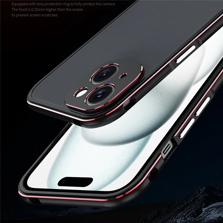 For iPhone 15 Case Metal Frame Bumper Phone Cover with Camera Lens Protection - Black+Red