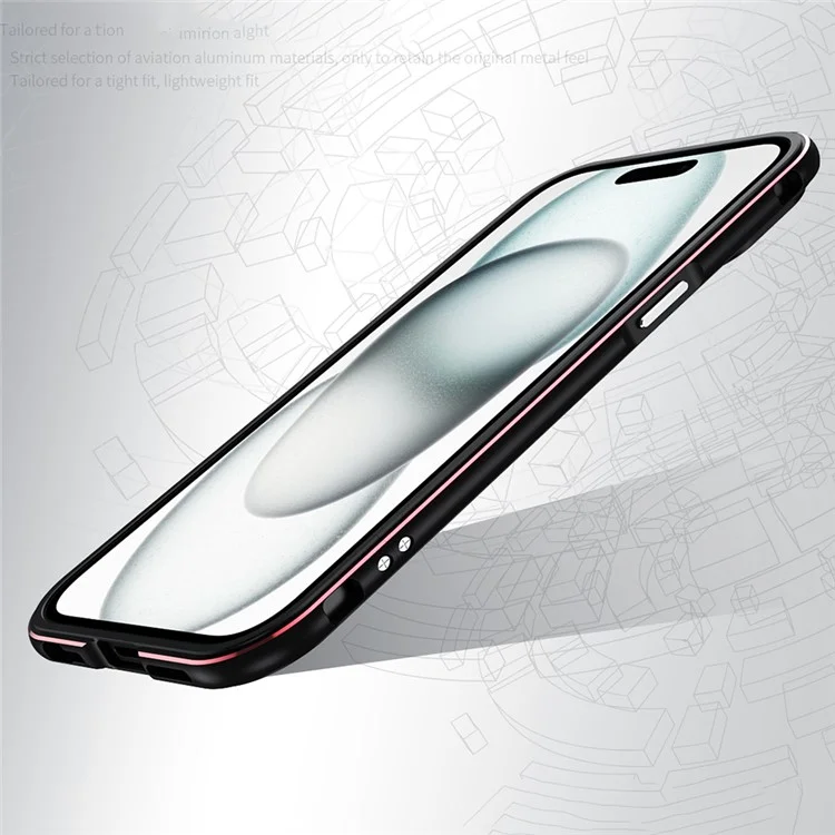 For iPhone 15 Case Metal Frame Bumper Phone Cover with Camera Lens Protection - Black+Red
