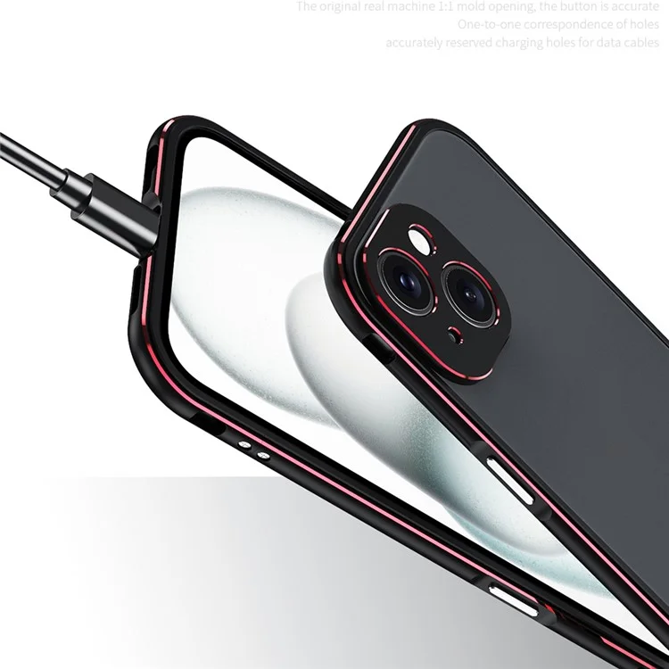 For iPhone 15 Case Metal Frame Bumper Phone Cover with Camera Lens Protection - Black+Red