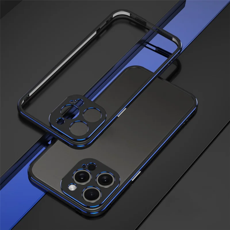 For iPhone 15 Pro Max Case Metal Frame Slim Smart Phone Cover with Camera Lens Guard - Black+Blue