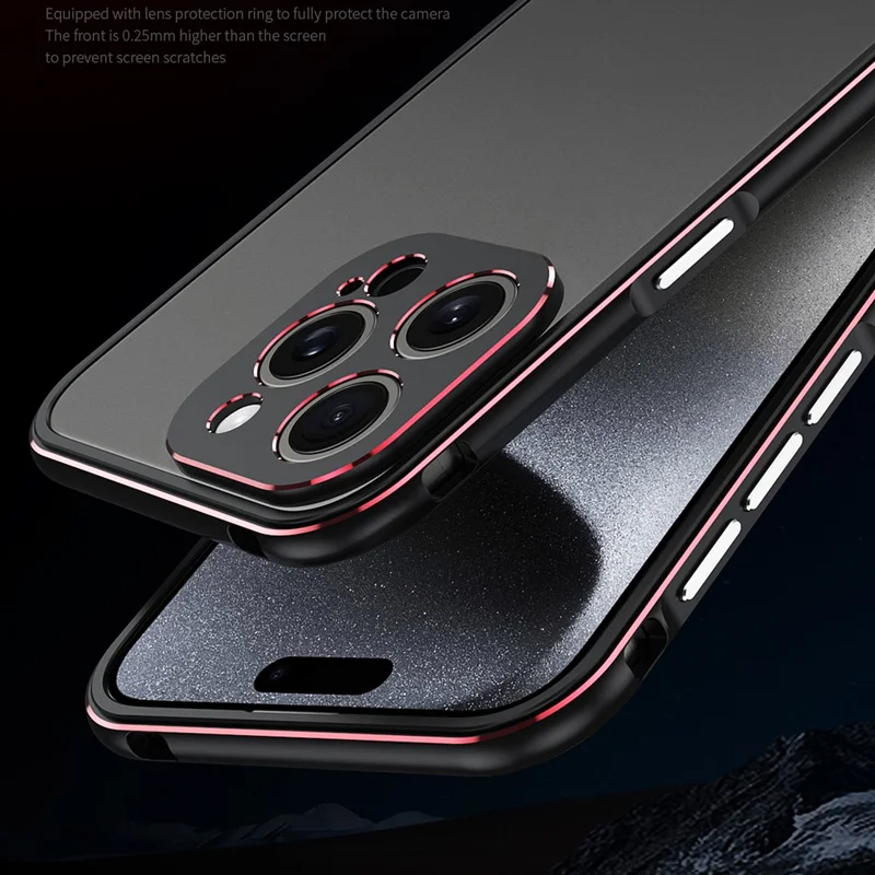 For iPhone 15 Pro Max Case Metal Frame Slim Smart Phone Cover with Camera Lens Guard - Black+Blue