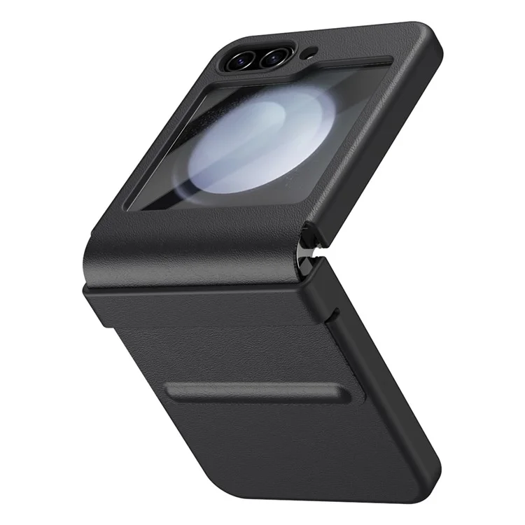 For Samsung Galaxy Z Flip5 5G Case Hinge Leather+PC Phone Cover with Tempered Glass Rear Screen Film - Black