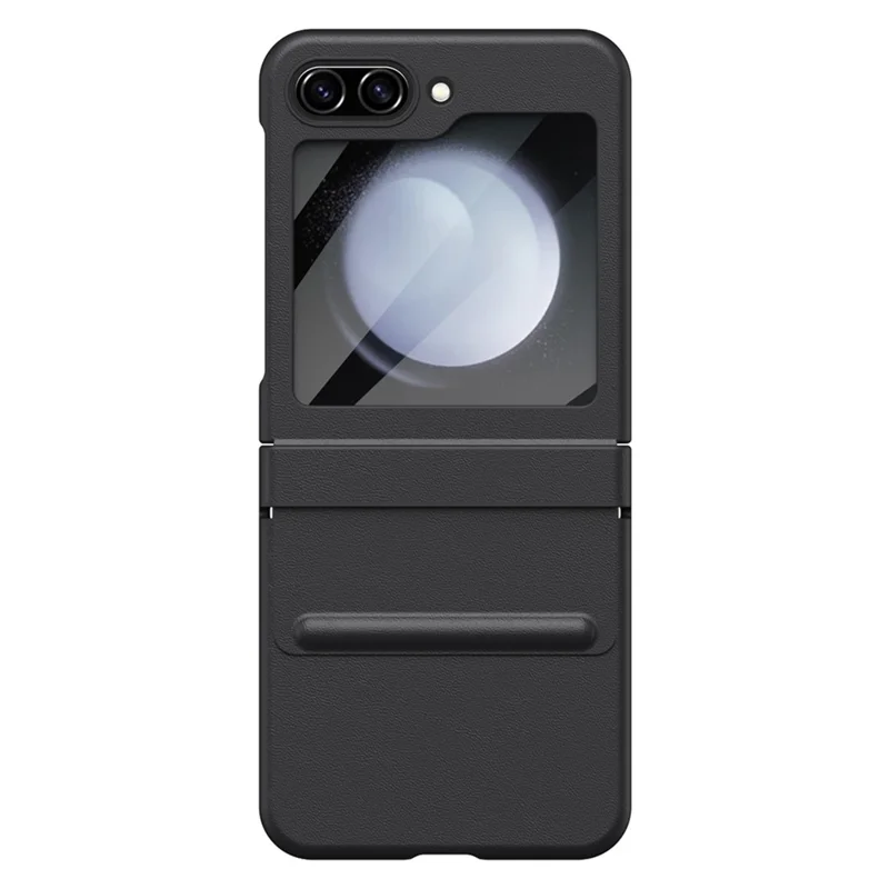 For Samsung Galaxy Z Flip5 5G Case Hinge Leather+PC Phone Cover with Tempered Glass Rear Screen Film - Black