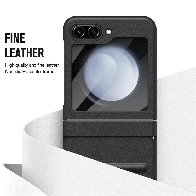 For Samsung Galaxy Z Flip5 5G Case Hinge Leather+PC Phone Cover with Tempered Glass Rear Screen Film - Black