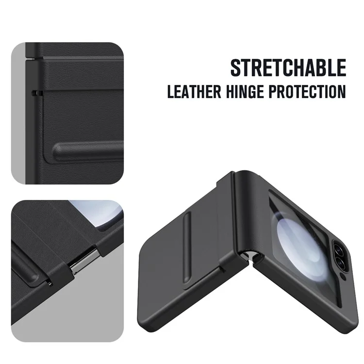 For Samsung Galaxy Z Flip5 5G Case Hinge Leather+PC Phone Cover with Tempered Glass Rear Screen Film - Black