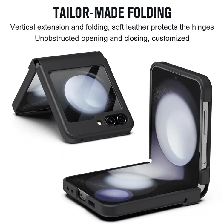 For Samsung Galaxy Z Flip5 5G Case Hinge Leather+PC Phone Cover with Tempered Glass Rear Screen Film - Black