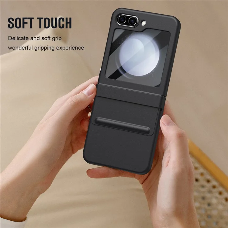 For Samsung Galaxy Z Flip5 5G Case Hinge Leather+PC Phone Cover with Tempered Glass Rear Screen Film - Black