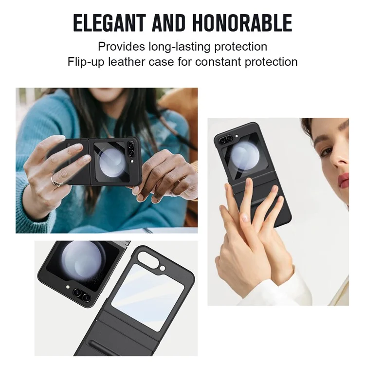 For Samsung Galaxy Z Flip5 5G Case Hinge Leather+PC Phone Cover with Tempered Glass Rear Screen Film - Black