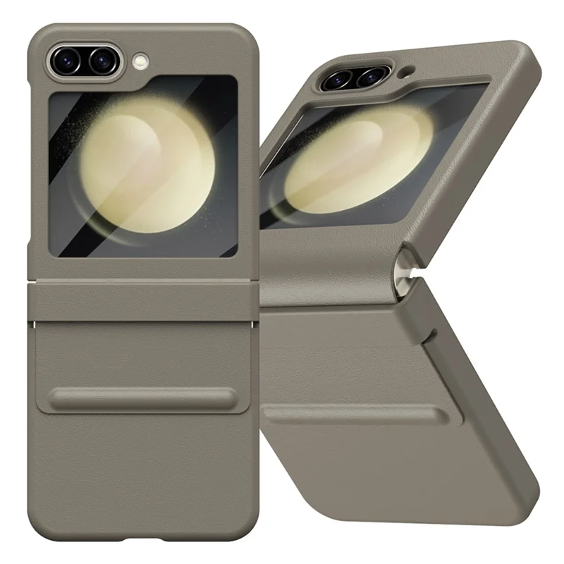 For Samsung Galaxy Z Flip5 5G Case Hinge Leather+PC Phone Cover with Tempered Glass Rear Screen Film - Light Coffee