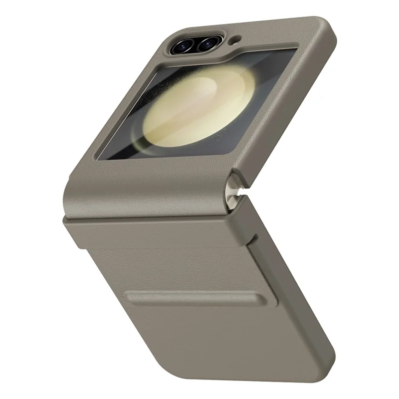 For Samsung Galaxy Z Flip5 5G Case Hinge Leather+PC Phone Cover with Tempered Glass Rear Screen Film - Light Coffee