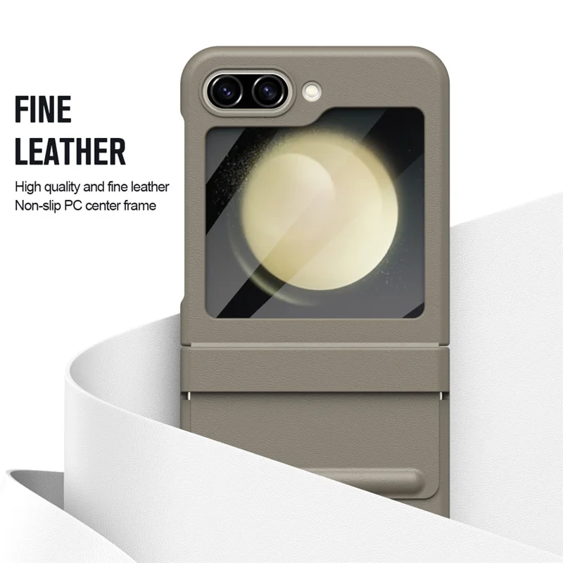 For Samsung Galaxy Z Flip5 5G Case Hinge Leather+PC Phone Cover with Tempered Glass Rear Screen Film - Light Coffee