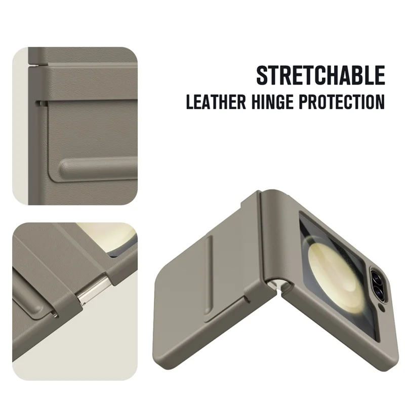 For Samsung Galaxy Z Flip5 5G Case Hinge Leather+PC Phone Cover with Tempered Glass Rear Screen Film - Light Coffee