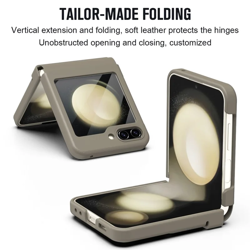 For Samsung Galaxy Z Flip5 5G Case Hinge Leather+PC Phone Cover with Tempered Glass Rear Screen Film - Light Coffee