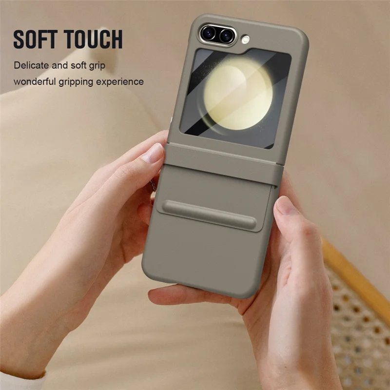 For Samsung Galaxy Z Flip5 5G Case Hinge Leather+PC Phone Cover with Tempered Glass Rear Screen Film - Light Coffee