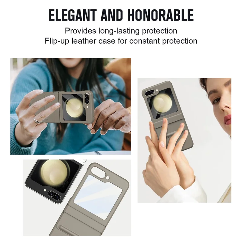 For Samsung Galaxy Z Flip5 5G Case Hinge Leather+PC Phone Cover with Tempered Glass Rear Screen Film - Light Coffee