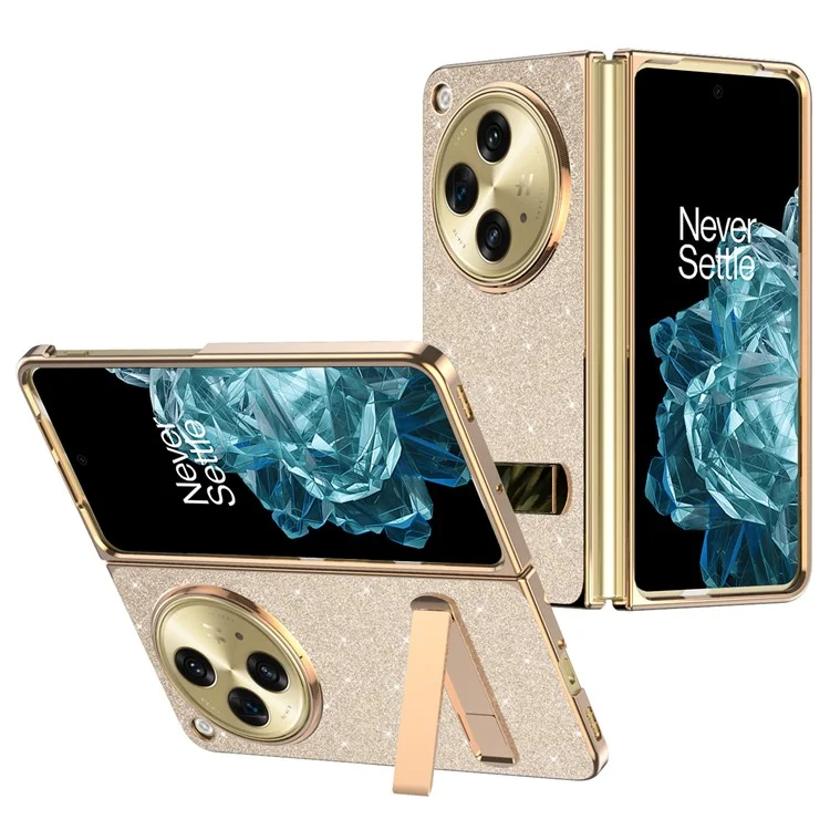 Für OnePlus Open Case Kickstand Glitter PU Leder + PC Faltende Handyhülle - Gold