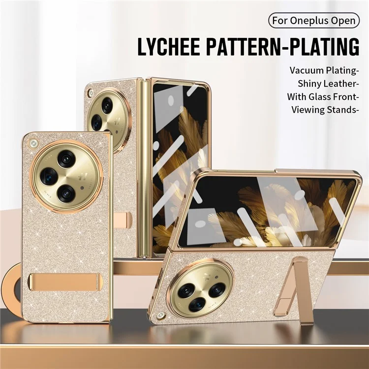 Für OnePlus Open Case Kickstand Glitter PU Leder + PC Faltende Handyhülle - Gold