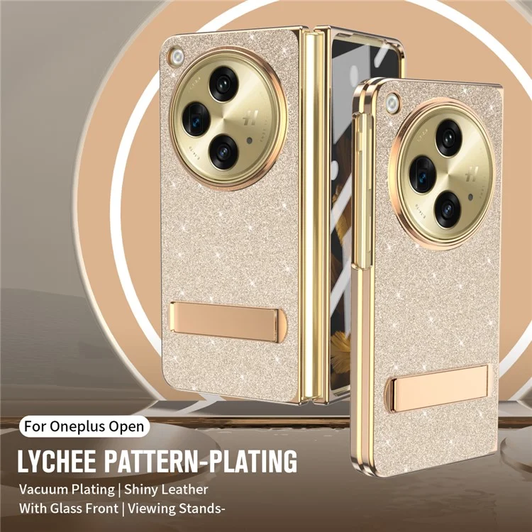 Für OnePlus Open Case Kickstand Glitter PU Leder + PC Faltende Handyhülle - Gold