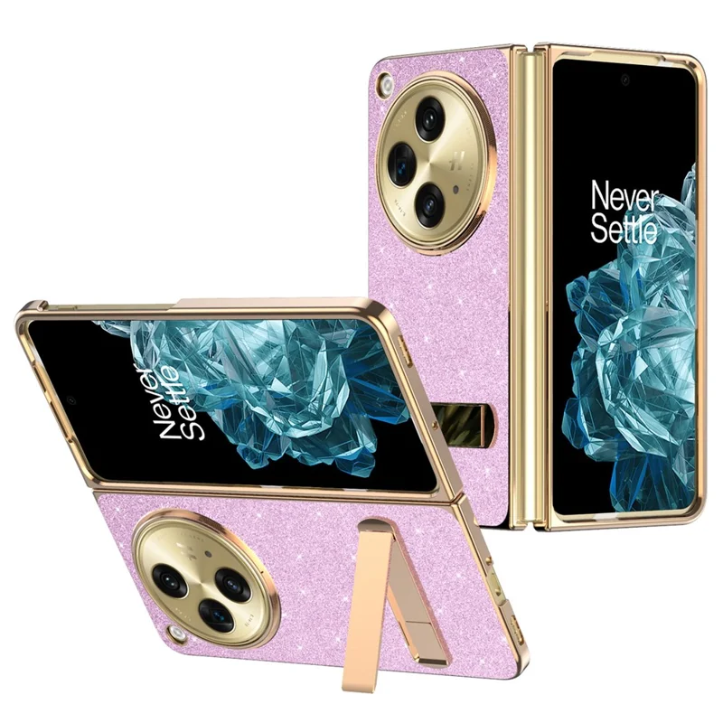 For OnePlus Open Case med standfod, glitrende PU-læder + PC folder telefon dæksel - Pink