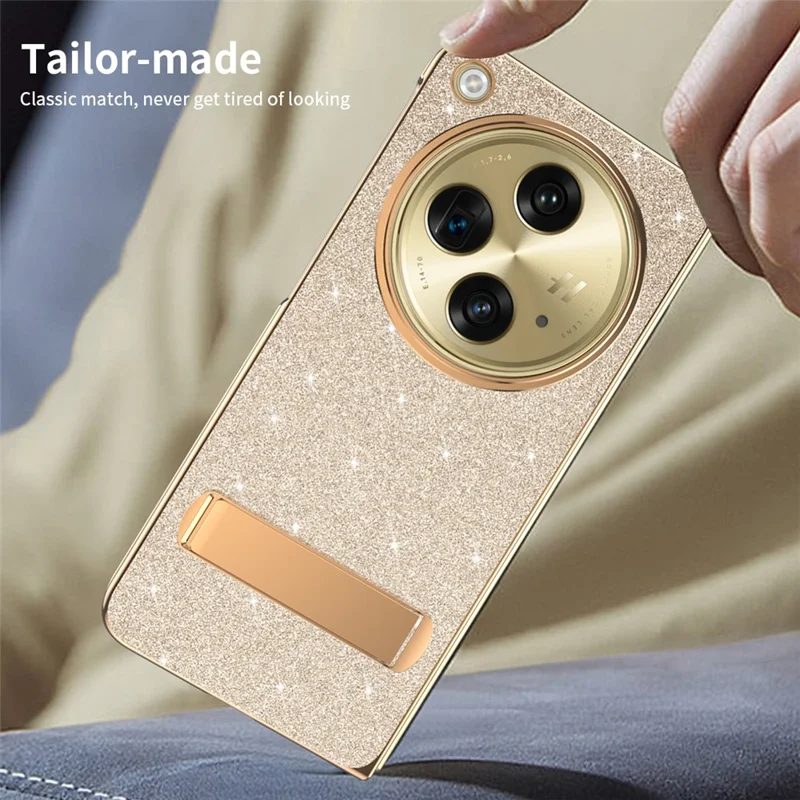 For OnePlus Open Case med standfod, glitrende PU-læder + PC folder telefon dæksel - Pink