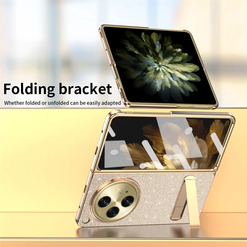 For OnePlus Open Case med standfod, glitrende PU-læder + PC folder telefon dæksel - Pink