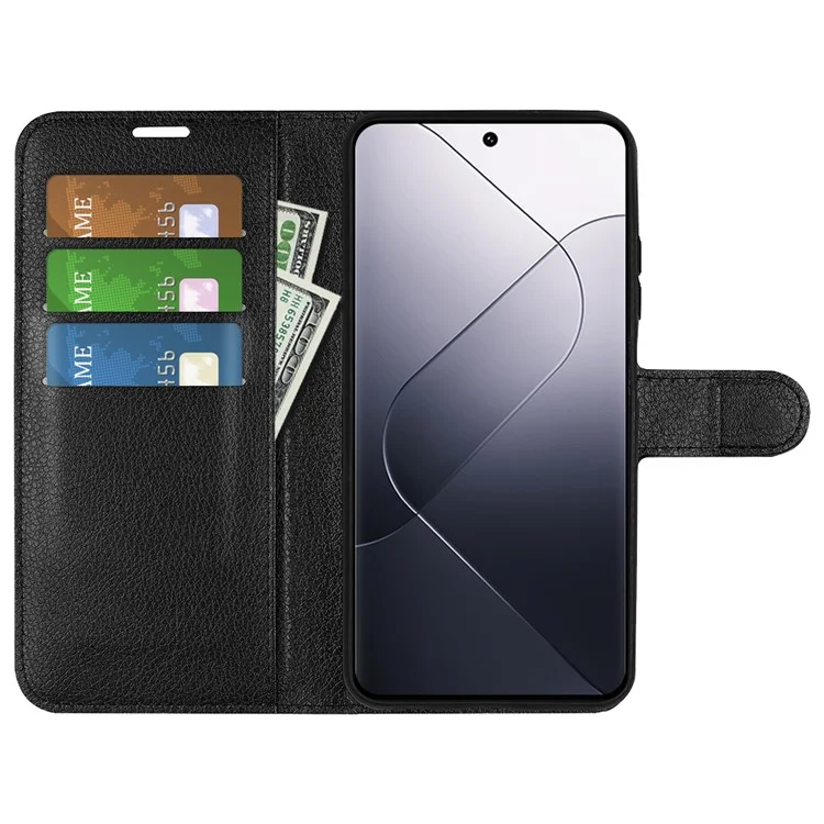 Pour Xiaomi 14 Case Litchi Texture PU Leather Stand Phone Wallet Cover - Noir