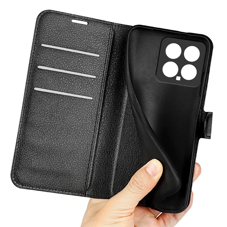 Pour Xiaomi 14 Case Litchi Texture PU Leather Stand Phone Wallet Cover - Noir