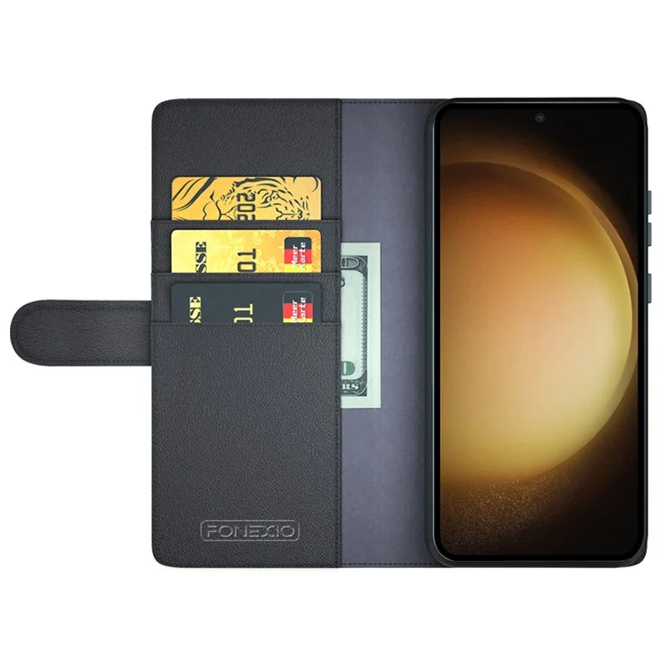 For Samsung Galaxy S24+ Case Genuine Split Leather Phone Cover with Wallet Stand - Black