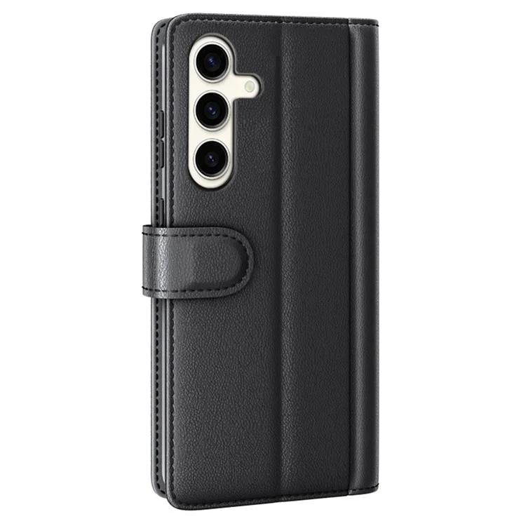 For Samsung Galaxy S24+ Case Genuine Split Leather Phone Cover with Wallet Stand - Black