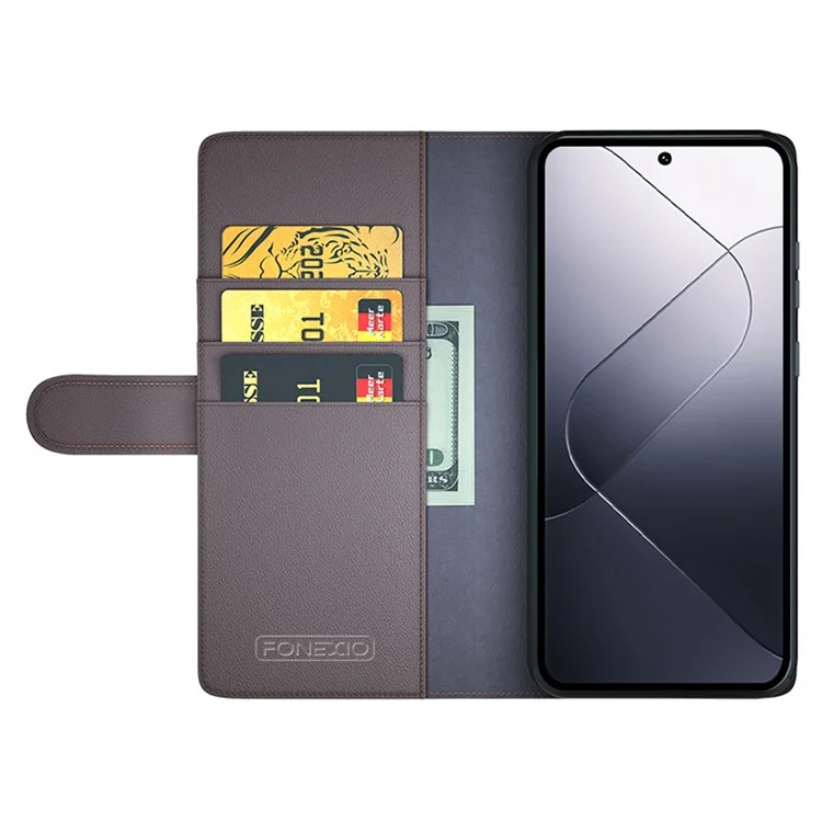 Pour Xiaomi 14 Pro Case Genuine Split Leather Stand Wallet Folio Cover - Brown