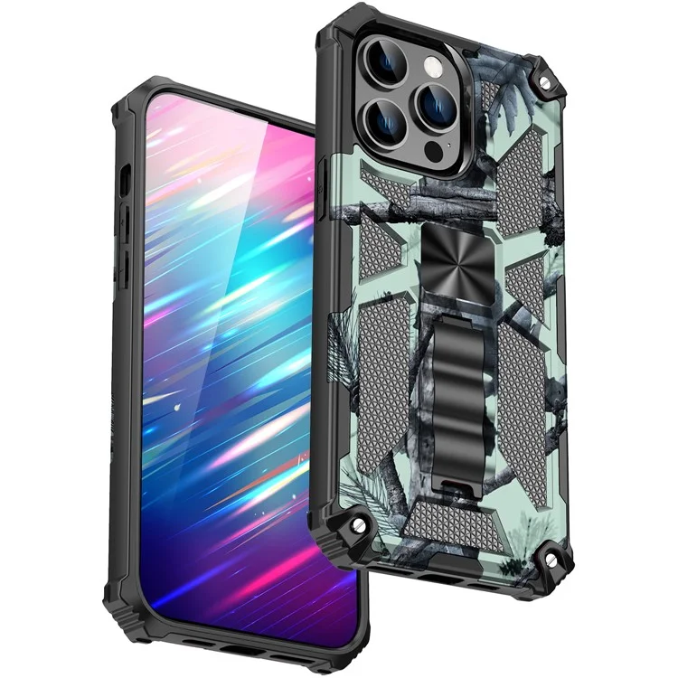 For iPhone 15 Pro Max PC+TPU Case Scratch-resistant Camouflage Kickstand Smart Phone Cover - Light Green