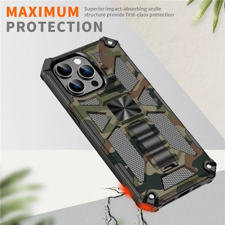 For iPhone 15 Pro Max PC+TPU Case Scratch-resistant Camouflage Kickstand Smart Phone Cover - Light Green