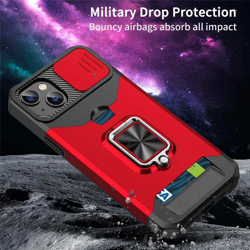 For iPhone 15 Case PC+TPU Slide Lens Protection Kickstand Phone Cover with Card Holder - Red