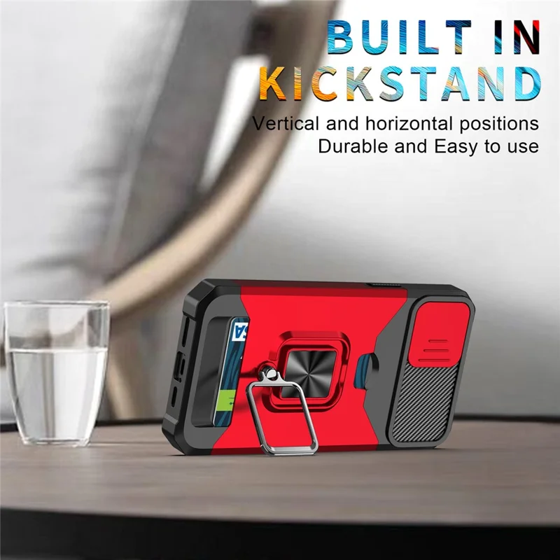 For iPhone 15 Case PC+TPU Slide Lens Protection Kickstand Phone Cover with Card Holder - Red