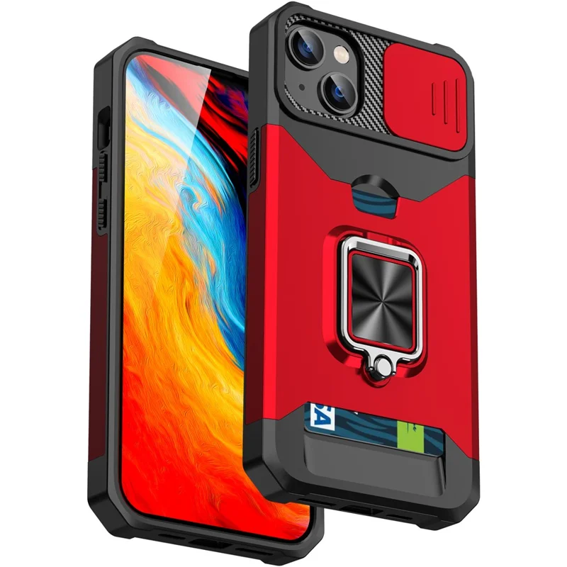 For  iPhone 15 Plus Cellphone Case PC+TPU Slide Lens Protection Shockproof Cover with Card Holder - Red