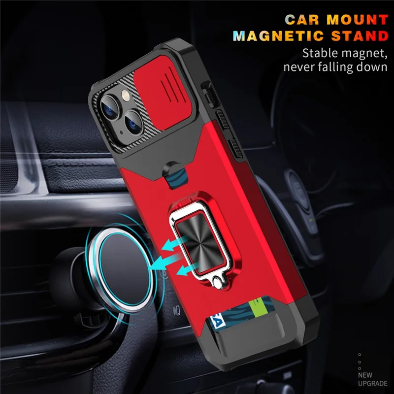 For  iPhone 15 Plus Cellphone Case PC+TPU Slide Lens Protection Shockproof Cover with Card Holder - Red